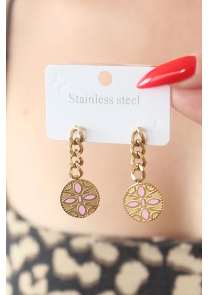 Bfs 316L Çelik Gold Renk Sallantı Çiçek Model Işleme Detay Kadın Küpe