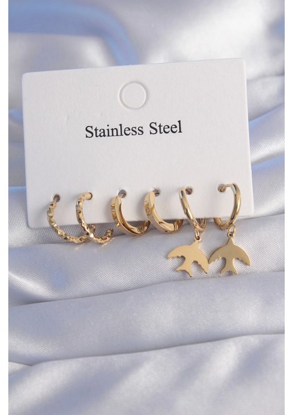 Bfs 316L Çelik Gold Renk Oval Tasarım Kuş Model Küpe Seti