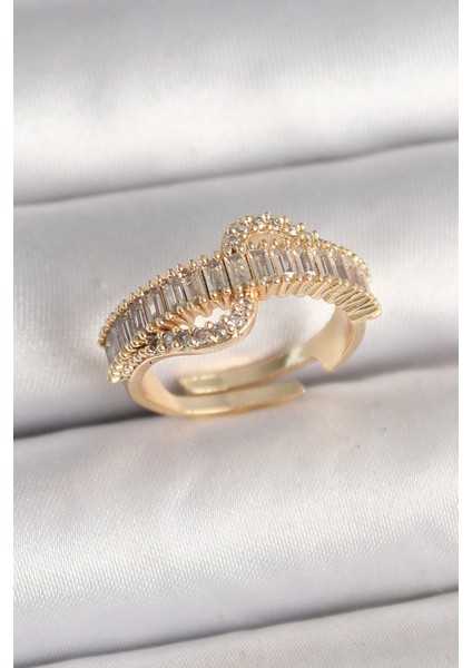 Bfs Pirinç Gold Renk Su Yolu Zirkon Taşlı Ayarlanabilir Model Kadın Yüzük