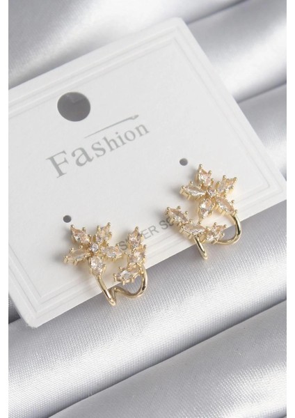 Bfs Pirinç Gold Renk Zirkon Taşlı Çiçek Model Kadın Küpe