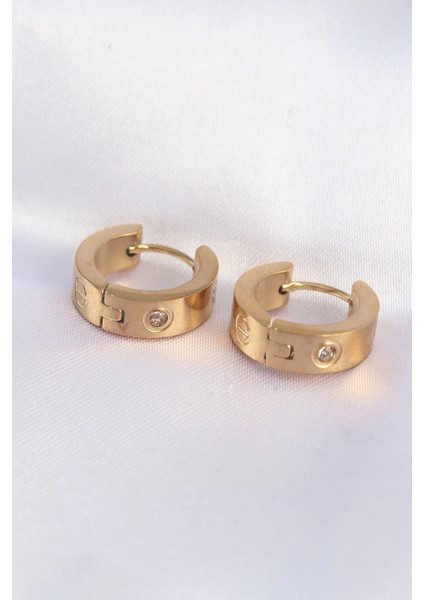 Bfs 316L Çelik Gold Renk Zirkon Taşlı Minimal Model Halka Küpe