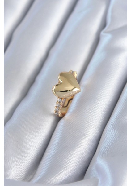 Bfs Gold Renk Pirinç Zirkon Taşlı Kalp Model Kadın Yüzük