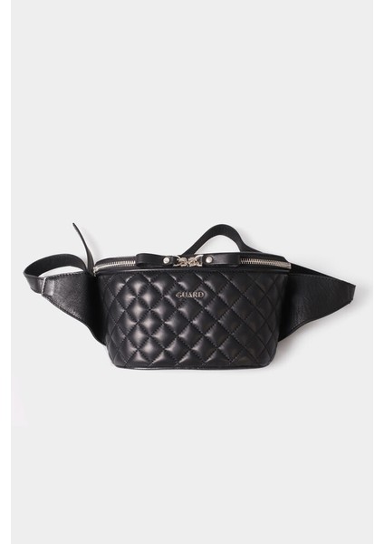 Siyah Hakiki Deri Capitone Baskılı Kuşaklı Unisex Bel Çantası - GRD250816WT255