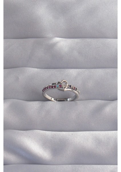 Bfs Pirinç Gümüş Renk Renkli Zirkon Taşlı Ayarlamalı Yüzük