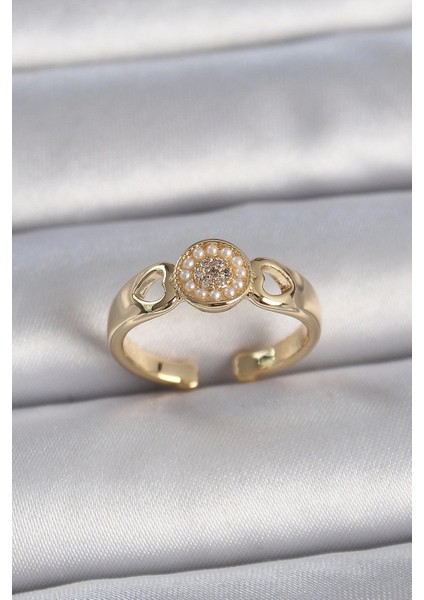 Bfs Pirinç Gold Renk Zirkon Taşlı Incili Kalp Işleme Detay Ayarlanabilir Kadın Yüzük