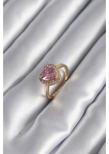 Bfs Pirinç Gold Renk Pembe Zirkon Taş Kalp Charm Model Kadın Yüzük