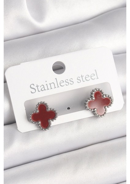 Bfs Pirinç Gümüş Renk Bordo Yonca Model Kadın Küpe