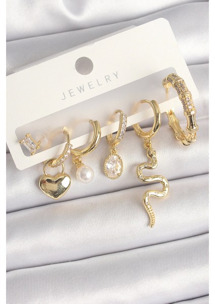 Bfs Pirinç Gold Renk Sallantı Yılan Model Zirkon Taşlı Halka Kilit Kalp Detay Kadın Küpe Seti