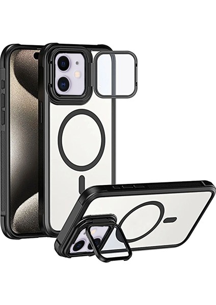 iPhone 11 Uyumlu Kameradan Standlı Kamera Kısmı Cam Korumalı Arkası Mat Renkli Kılıf