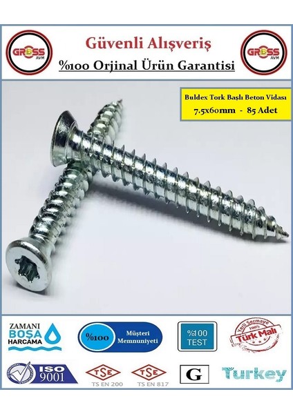 Buldex Tork Başlı Beton Vidası - 7.5X60MM - 85 Adet