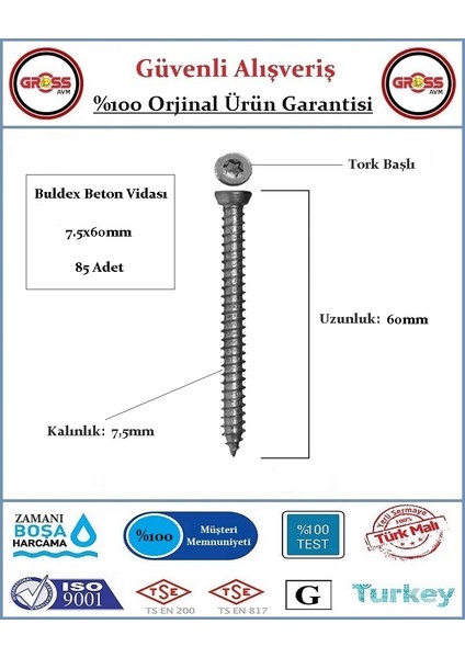 Buldex Tork Başlı Beton Vidası - 7.5X60MM - 85 Adet fiyatları