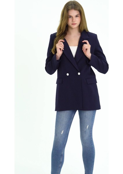 Lacivert Oversize Dokuma Blazer Ceket