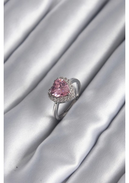 Bfs Pirinç Gümüş Renk Pembe Zirkon Taş Kalp Charm Model Kadın Yüzük