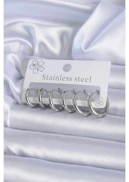 Bfs 316L Çelik Gümüş Renk Halka Kadın Küpe Seti