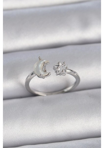 Bfs Pirinç Gümüş Renk Incili Hilal Zirkon Taşlı Yıldız Ayarlanabilir Kadın Yüzük