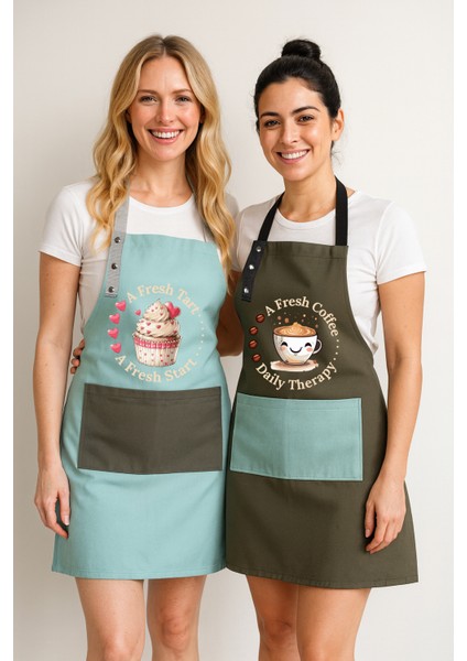 Kumaş Mutfak Önlüğü Seti 2'li Leke Tutmaz Su Itici %65 Pamuk %35 Polyester Cupcake & Coffee Şef Önlük