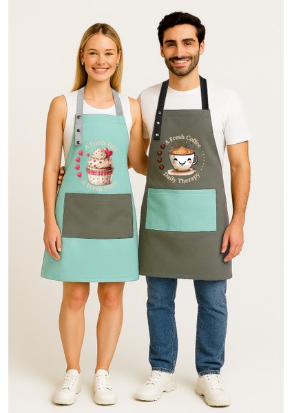 Kumaş Mutfak Önlüğü Seti 2'li Leke Tutmaz Su Itici %65 Pamuk %35 Polyester Cupcake & Coffee Şef Önlük fiyatları
