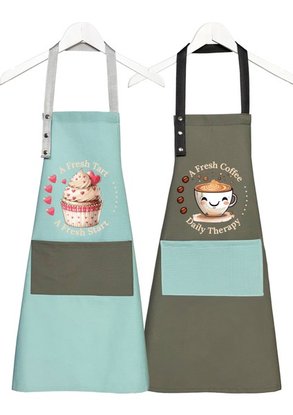 Kumaş Mutfak Önlüğü Seti 2'li Leke Tutmaz Su Itici %65 Pamuk %35 Polyester Cupcake & Coffee Şef Önlük modelleri