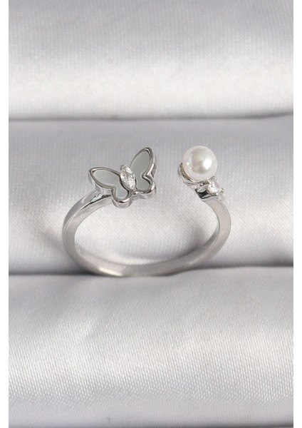 Bfs Pirinç Gümüş Renk Zirkon Taş Detaylı Beyaz Mineli Kelebek Figür Inci Detay Ayarlanabilir Yüzük