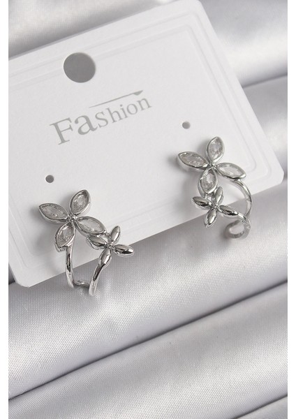 Bfs Pirinç Gümüş Renk Zirkon Taşlı 2'li Çiçek Model Kadın Küpe