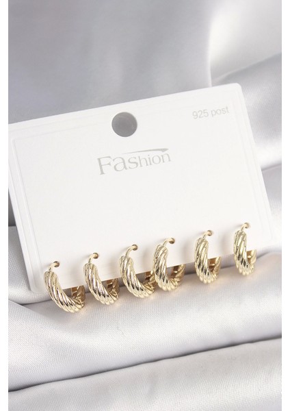 Bfs 925 Ayar Gümüş Çivi Pirinç Gold Renk Işlemeli Halka Model Kadın Küpe Seti