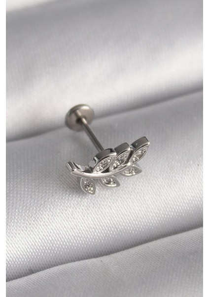 Bfs 316L Çelik Gümüş Renk Dal Model Zirkon Taş Detaylı Tragus Piercing