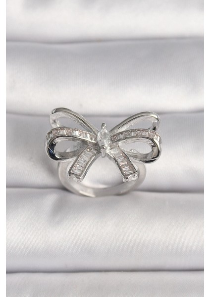 Bfs Pirinç Gümüş Renk Ayarlanabilir Zirkon Taşlı Kurdele Model Kadın Yüzük