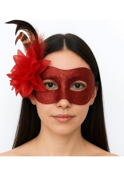 Bfs Kırmızı Renk Metalize Sim Görünümlü Parlak Tüylü Parti Maskesi 22X19 cm modelleri