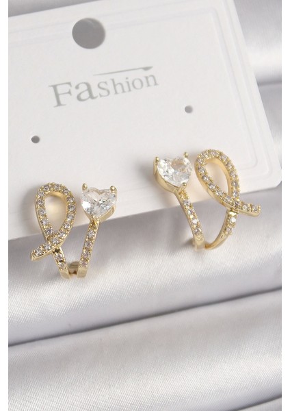 Bfs Pirinç Gold Renk Düğüm Model Zirkon Taşlı Kalp Detay Kadın Küpe