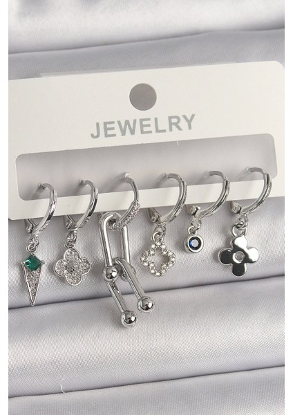 Bfs Pirinç Gümüş Renk Zirkon Taşlı Çoklu Figür Kadın Küpe Seti