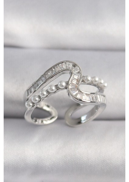 Bfs Pirinç Gümüş Renk Zirkon Taşlı Inci Detay Vıp Seri Kadın Yüzük