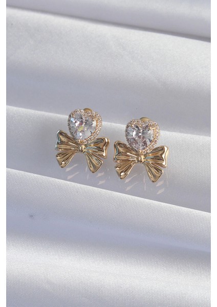 Bfs Pirinç Gold Renk Zirkon Taşlı Kalp Model Fiyonk Küpe fiyatları