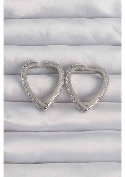 Bfs Pirinç Gümüş Renk Zirkon Taşlı Motifli Kalp Küpe