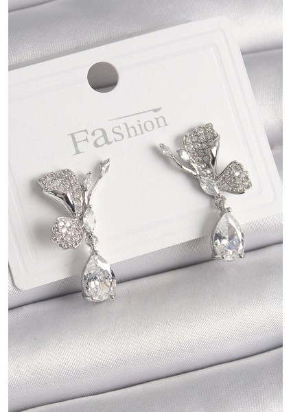 Bfs Pirinç Gümüş Renk Zirkon Taşlı Turna Kuşu Model Sallantı Detay Kadın Küpe