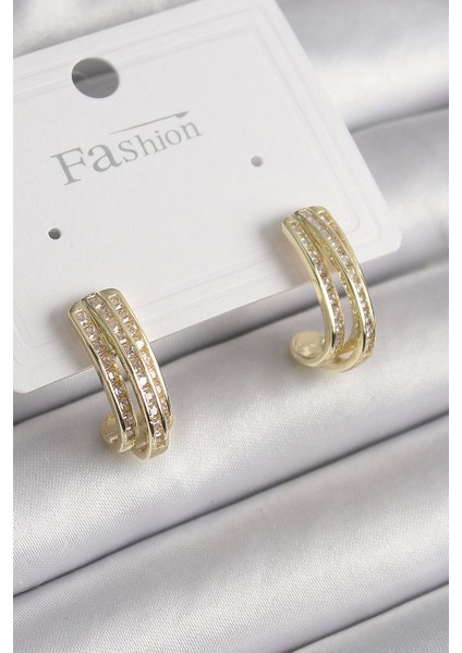 Bfs Pirinç Gold Renk Zirkon Taşlı Yarım Halka Model Kadın Küpe