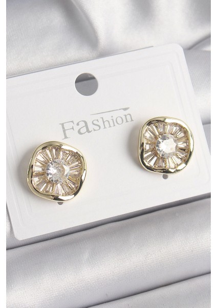 Bfs Pirinç Gold Renk Zirkon Taşlı Yonca Model Kadın Küpe