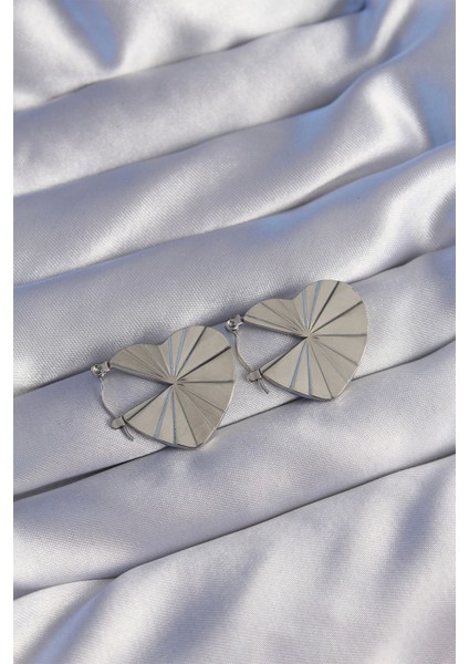 Bfs 316L Çelik Gümüş Renk Çizgili Plaka Tasarımlı Kalp Küpe