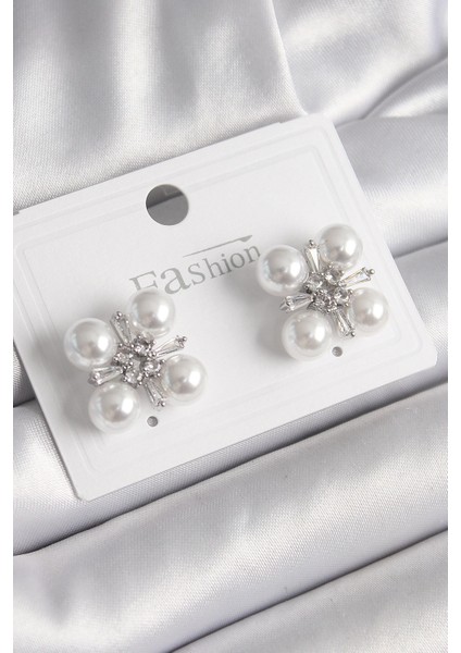 Bfs Pirinç Gümüş Renk Zirkon Taşlı Incili Kadın Küpe