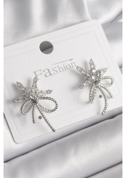 Bfs Pirinç Gümüş Renk Zirkon Taşlı Yıldız Düğüm Model Kadın Küpe