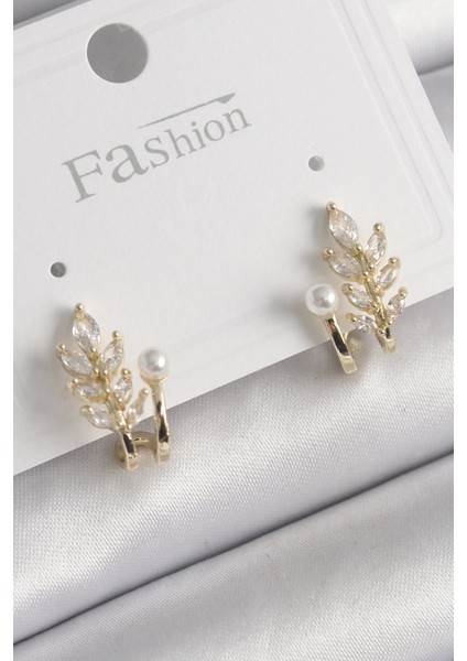 Bfs Pirinç Gold Renk Zirkon Taşlı Yaprak Model Inci Detay Küpe