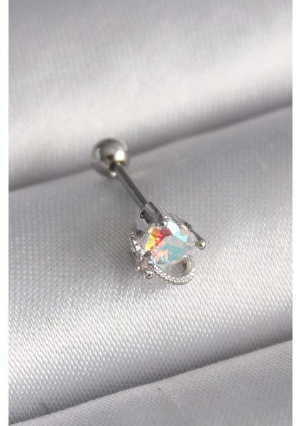 Bfs 316L Çelik Gümüş Renk Zirkon Taşlı Kalp Tragus Piercing