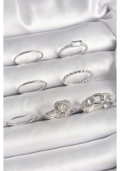 Bfs Pirinç Gümüş Renk Zirkon Taşlı Kalp Model Kadın Yüzük Kombini