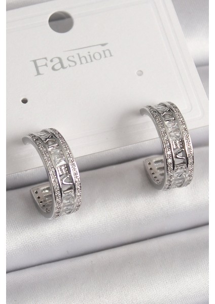 Bfs Pirinç Gümüş Renk Zirkon Taşlı Işleme Detay Halka Model Kadın Küpe