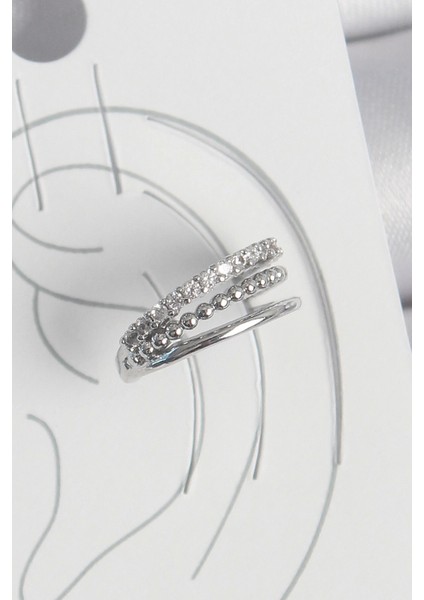 Bfs Pirinç Gümüş Renk Zirkon Taşlı 3'lü Sıralı Model Kadın Kıkırdak Küpe