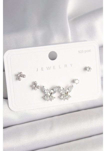 Bfs 925 Ayar Gümüş Çivi Pirinç Zirkon Taşlı Kelebek Model Kadın Küpe Seti