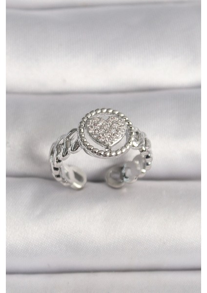 Bfs Pirinç Gümüş Renk Zincir Model Zirkon Taşlı Kalp Model Kadın Yüzük