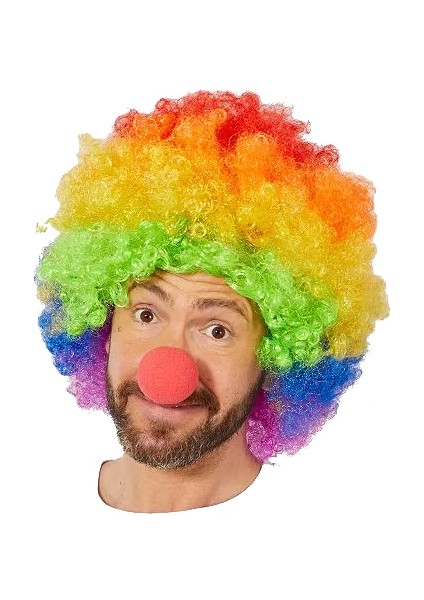 Bfs Rengarenk Gökkuşağı Afro Bonus Peruk ve Kırmızı Renk Sünger Burun 120 gr