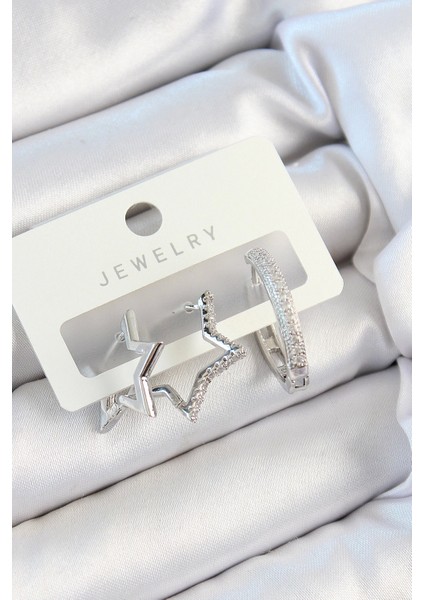 Bfs Pirinç Zirkon Taşlı Yıldız ve Halka Model Gümüş Renk 3'lü Çift Kadın Küpe Set