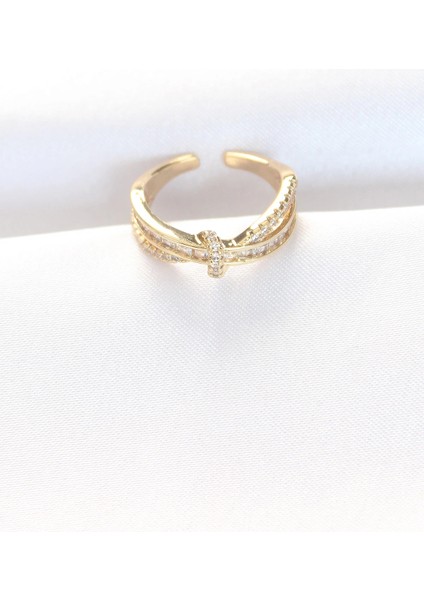 Bfs Kıvrım Model Gold Renk Zirkon Taşlı Ayarlanabilir Yüzük