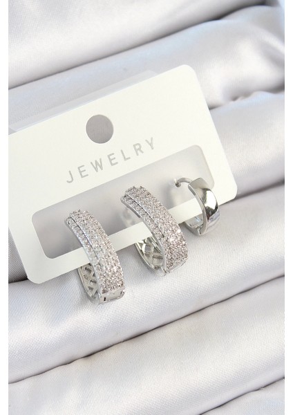 Bfs Pirinç Zirkon Taşlı Damla Model Gümüş Renk 3'lü Çift Kadın Küpe Set